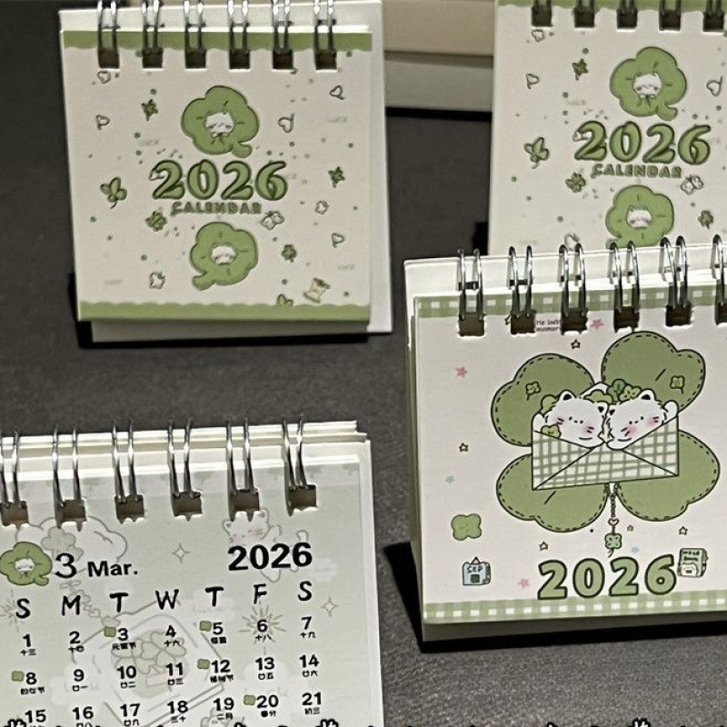 Trevo de quatro folhas gato 2026 pequeno calendário de mesa de alto valor menina coração estudante Mini calendário decor