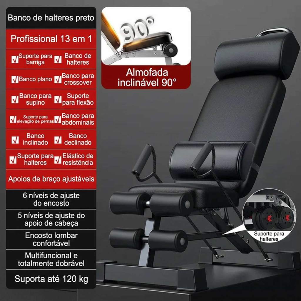 Banco Supino Multifuncional 13 em 1 Ajustável Dobrável Academia Home Gym 120KG
