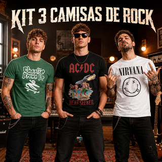 Kit 3 Camisetas do Rock Blusas Masculinas Confortáveis Camisas em Algodão Premium T-shirt Streetwear Crt Unissex