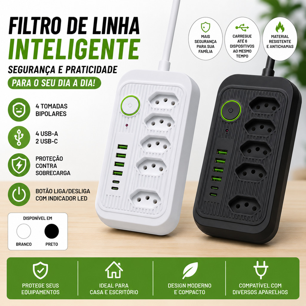 Extensão Tomadas com USB e TypeC Universal Bivolt 110v/220v 2500W Power 2m Filtro De Linha Segurança