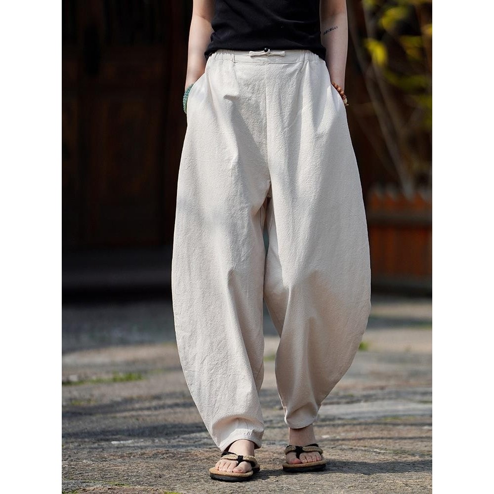 Calças de linho estilo Retro masculinas soltas Harem calças meditação algodão linho calças casuais verão perna larga Blo