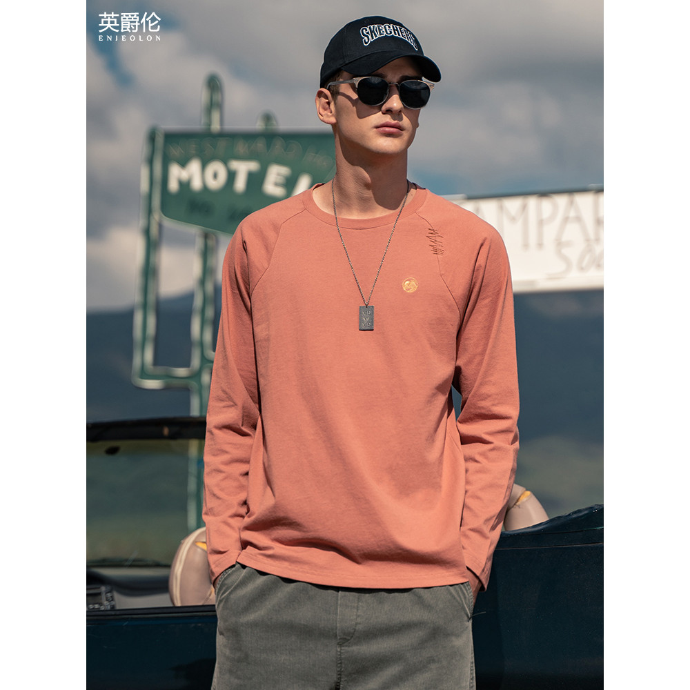 Britânico 2025 primavera novo estilo masculino de manga comprida camiseta bordada em torno do pescoço camiseta de algodã