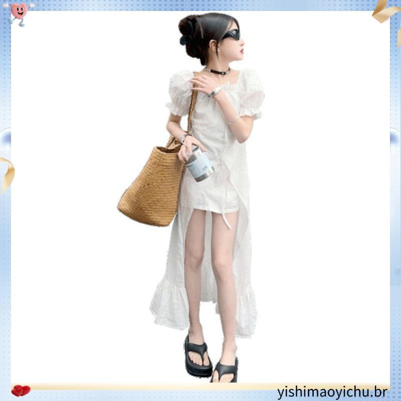 Vestido De Renda De Manga Curta Com Corte Alto Sob Medida E mini Saia De Duas Peças Para Roupas Infantis Femininas
