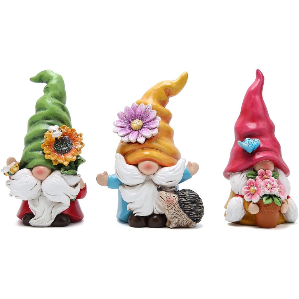 Conjunto Hodao de 3 Decorações de Gnomos de Primavera, Ornamentos de Gnomos Florais, Figuras Decorativas de Verão para E