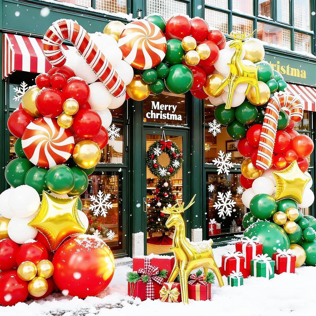 Kit de Arco de Balões de Natal - Decorações de Natal com Balões Vermelhos, Verdes, Brancos e Dourados, Bastão de Açúcar,