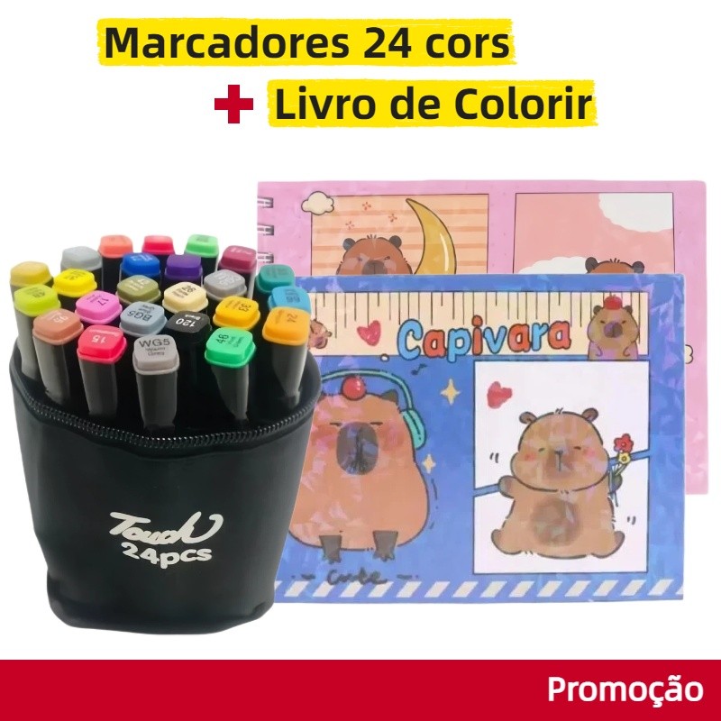 Produto Inclui: 1 Kit Marcadores 24 Cores + 1 Livro de Colorir Capivara (Capa Aleatória)