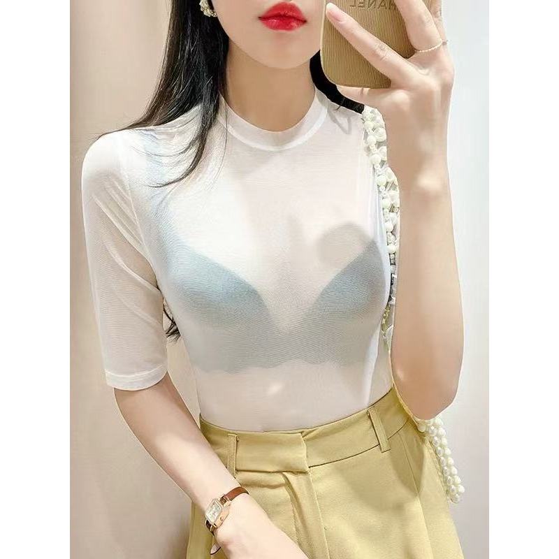 Transparente gaze camisa de fundo feminina outono fino manga curta camiseta interior meia manga gaze branco magro renda