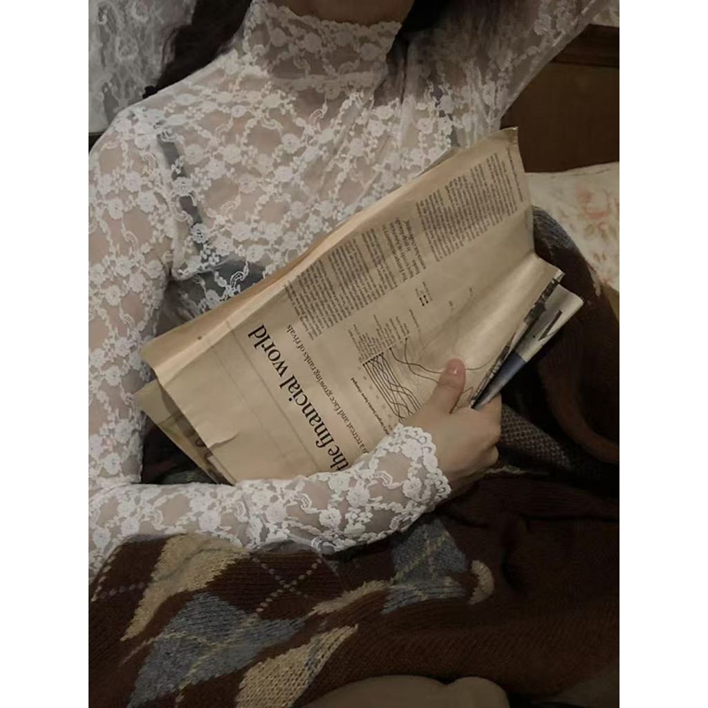 Camisa de fundo de manga comprida estilo renda romântica feminina outono inverno Slim-Fit tule Top branco Sexy estilo oc