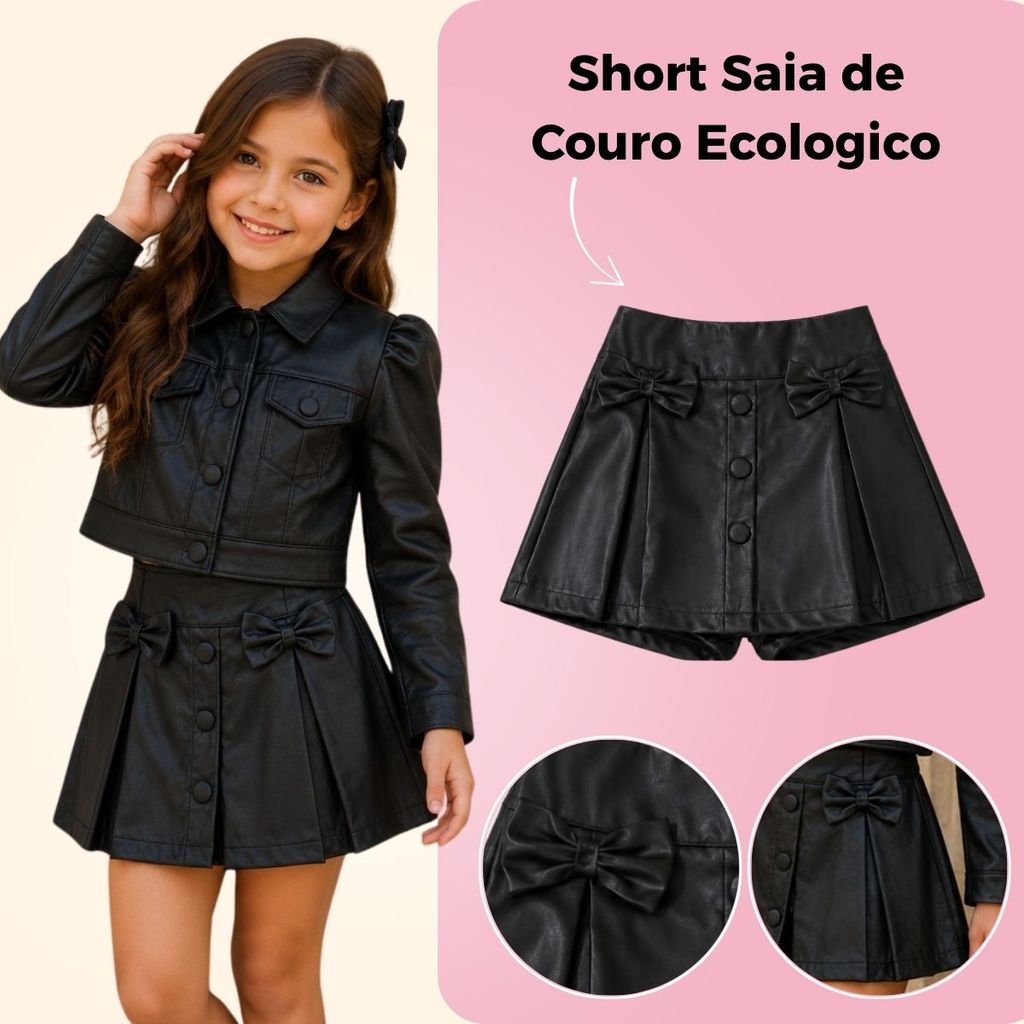Short Saia Infantil Feminino Couro Courino Laço Menina 2 ao 10 anos