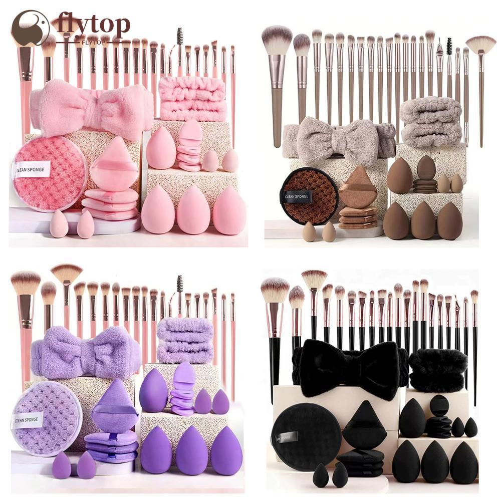 FLYTOP 33/40/42 Pçs Pincéis De Maquiagem E Esponjas Conjunto Marrom Puff Beleza Ovo Bandana Pulseira Removedor Kit Ferra