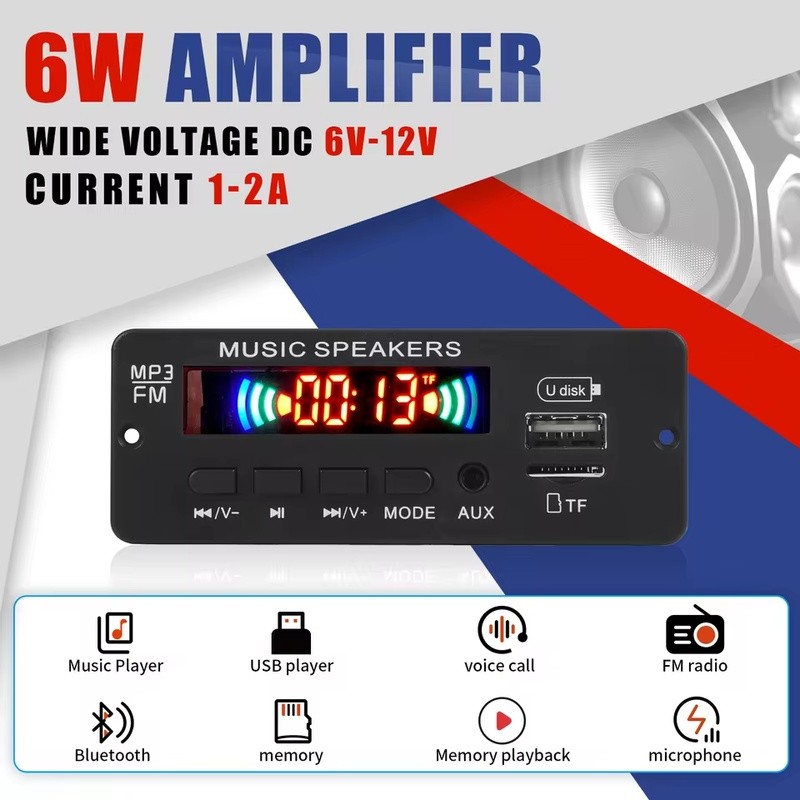 Módulo Decodificador de Rádio Bluetooth 6W com Suporte USB, Placa MP3 5.0, Amplificador TF, FM 12V, Reprodutor 2*3W,