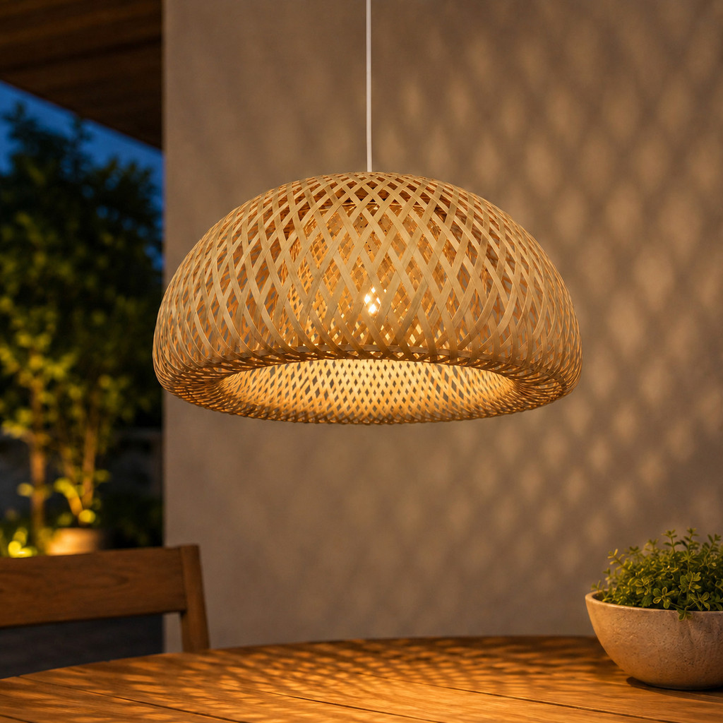 Luminária de Teto Lustre Pendente Bambu Fee Utilidades Malibu Rústico 30cm Fio Branco