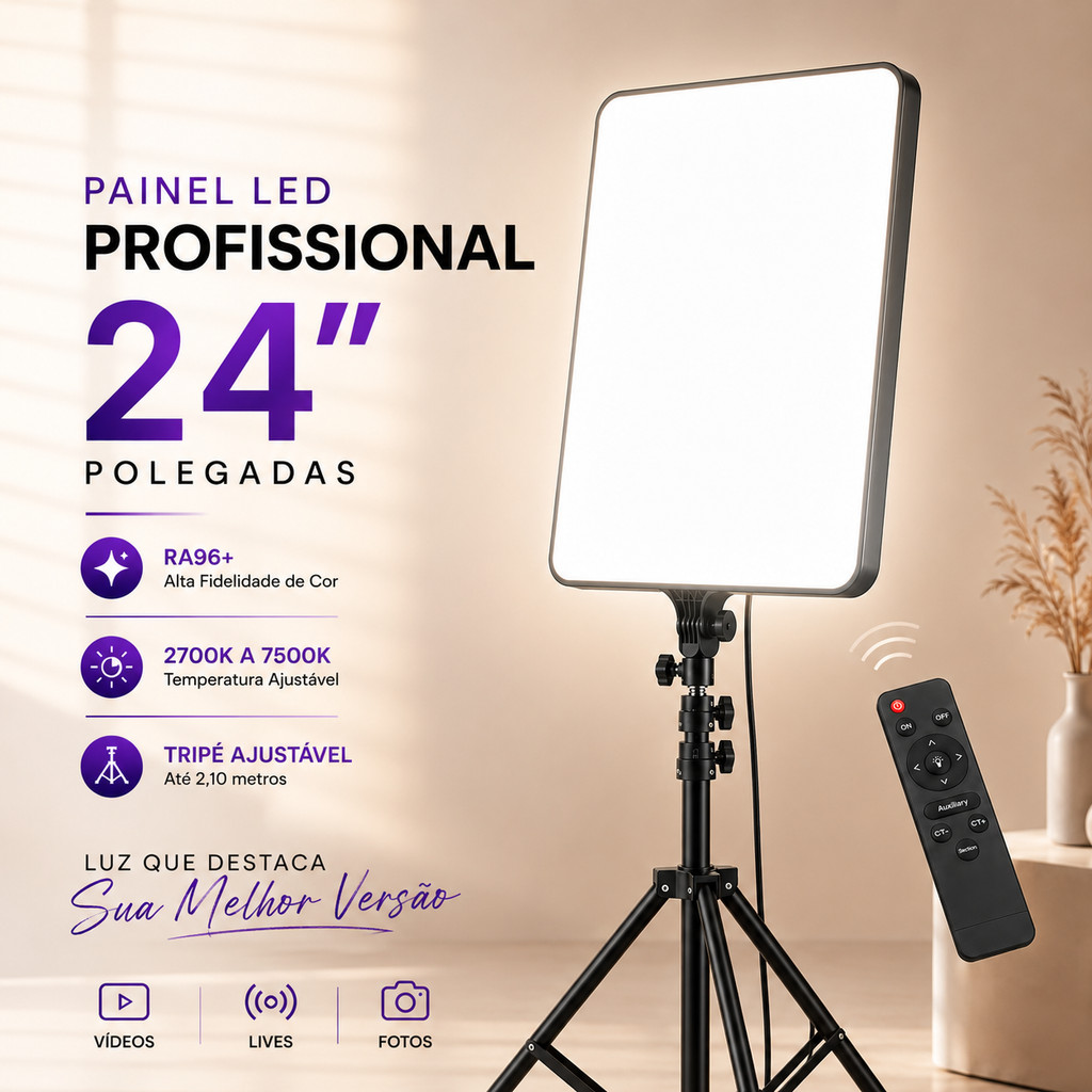 Kit Ring Light Quadrada 24 Pol Profissional Iluminador Led Foto Vídeo Live Tripé 2,1m Bivolt