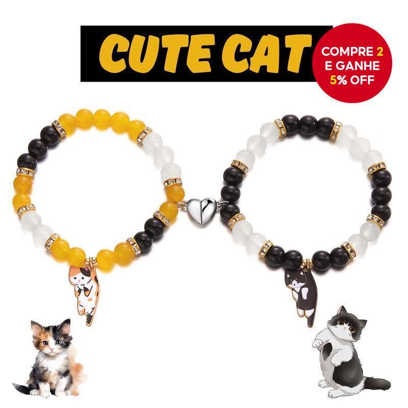 Conjunto de Pulseiras Ajustáveis de Casal com Gato e Coração em Pérolas - Presente Perfeito para Combinar