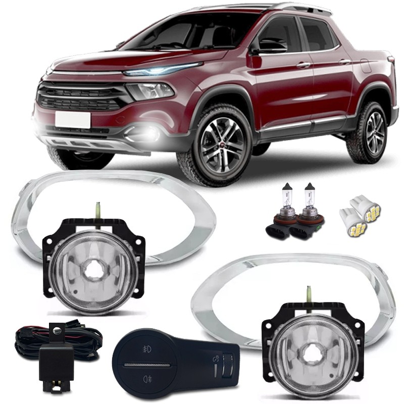 Kit Farol Milha Neblina Auxiliar Fiat Toro 16 Á 20 Mod Original Com Lampadas E Molduras Cromadas