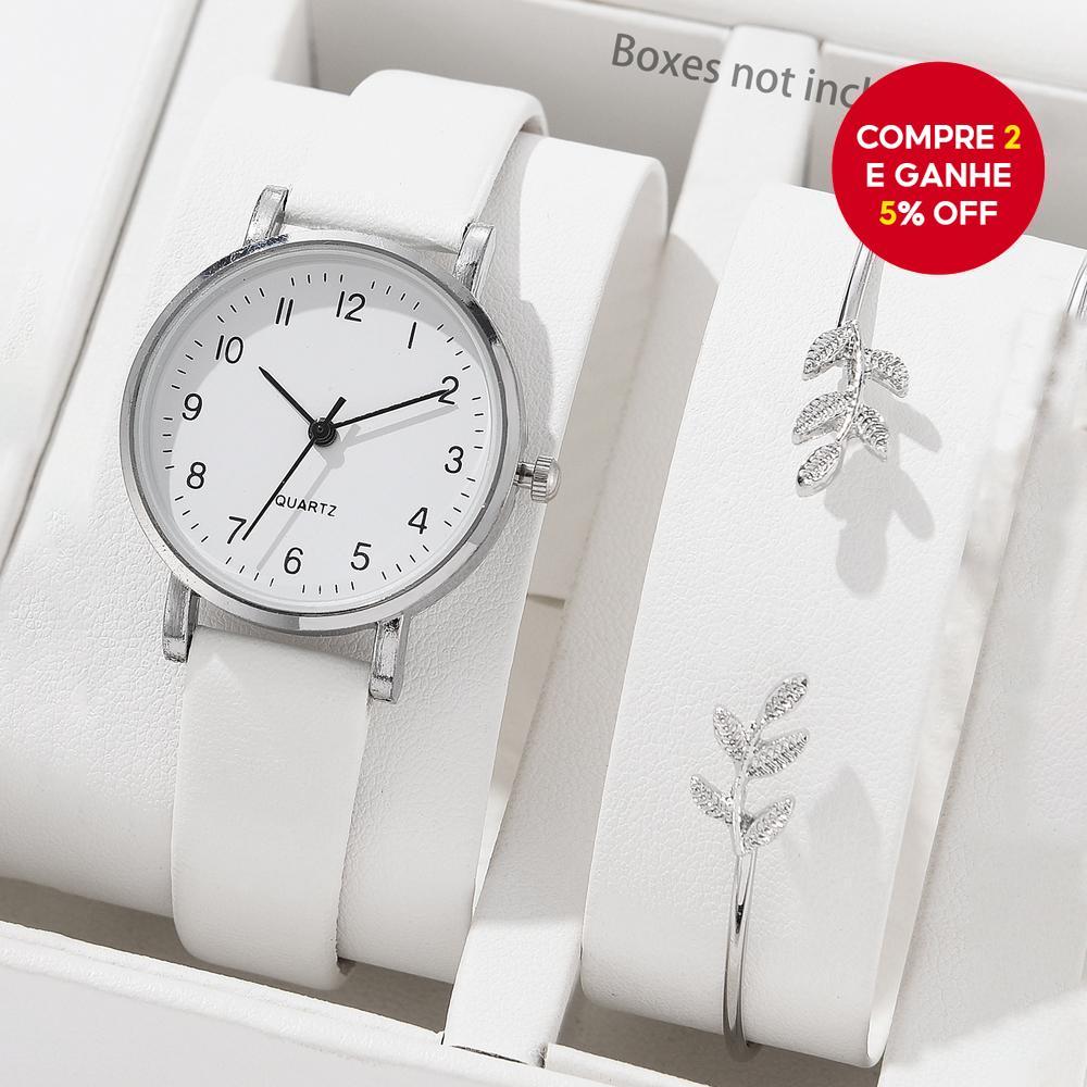 Conjunto De Relógio De Quartzo Feminino Elegante Pulseira De Couro Com Aço Inoxidável Para Uso Diário E De Férias