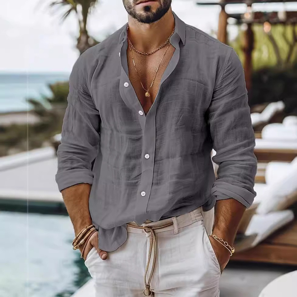 Camisa masculina primavera outono estilo fino cor sólida imitação de linho americano Casual tamanho grande solto manga l