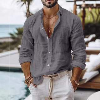 Camisa masculina primavera outono estilo fino cor sólida imitação de linho americano Casual tamanho grande solto manga l