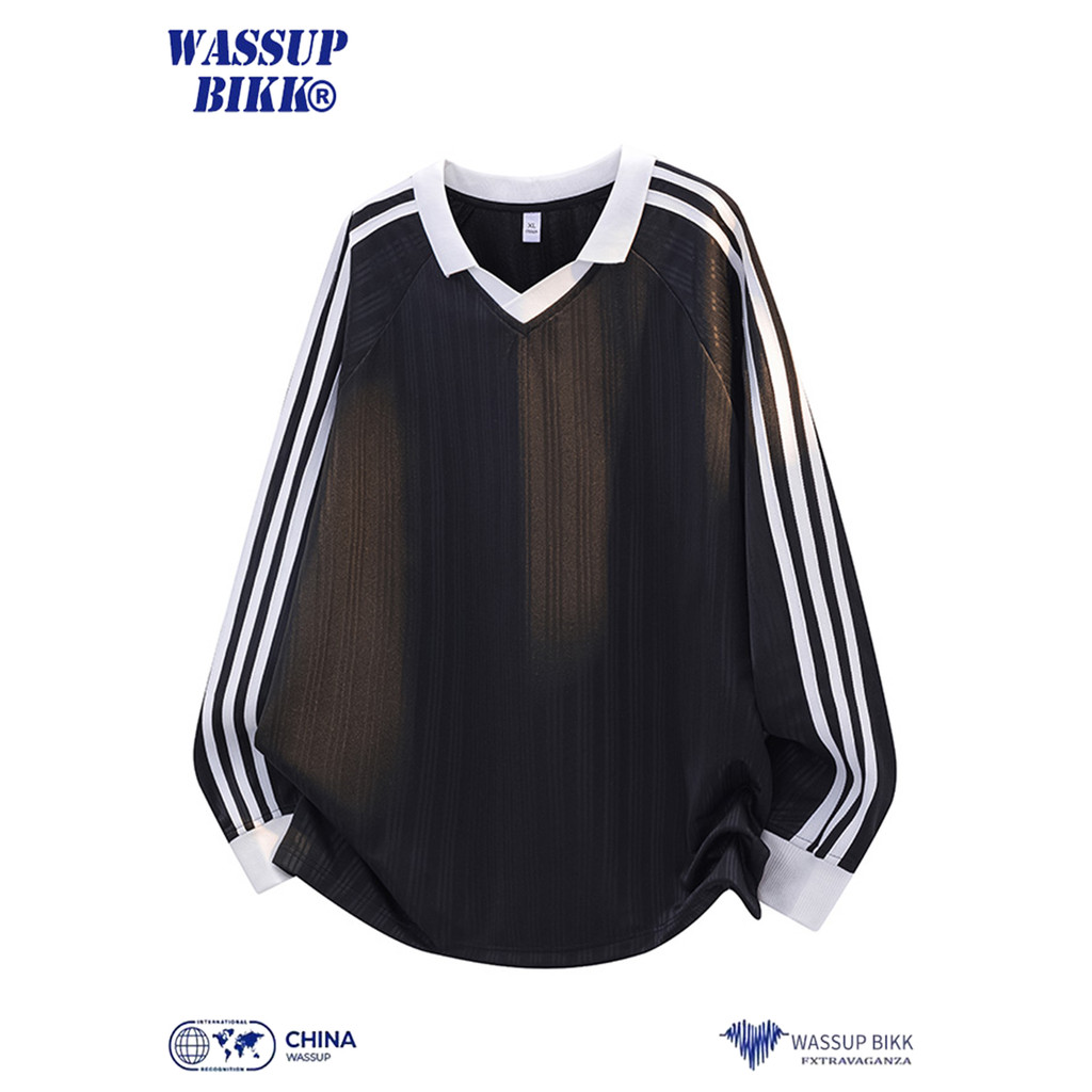 WASSUP BIKK Camiseta masculina de manga comprida listrada em cor contrastante primavera outono americana Street Wear pul