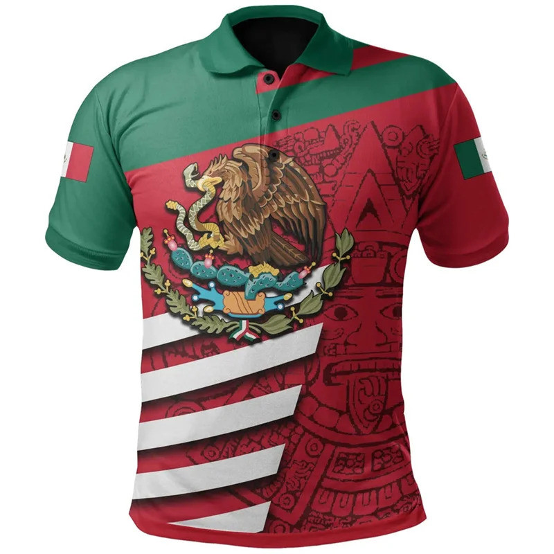 Bandeira Do México Impressão 3D Camisa Polo Asteca Para Homens Verão Rua Manga Curta Solta Camisetas Casuais Vintage Top