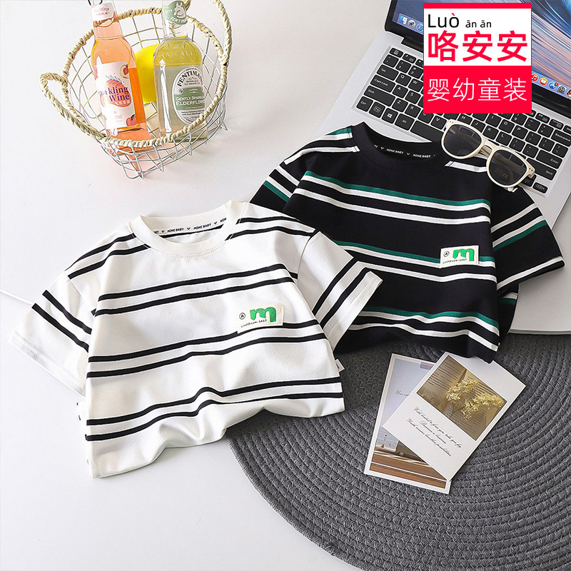Crianças listrado de manga curta algodão bebê menino verão listrado camiseta esportes topo meia manga moda Casual bonito