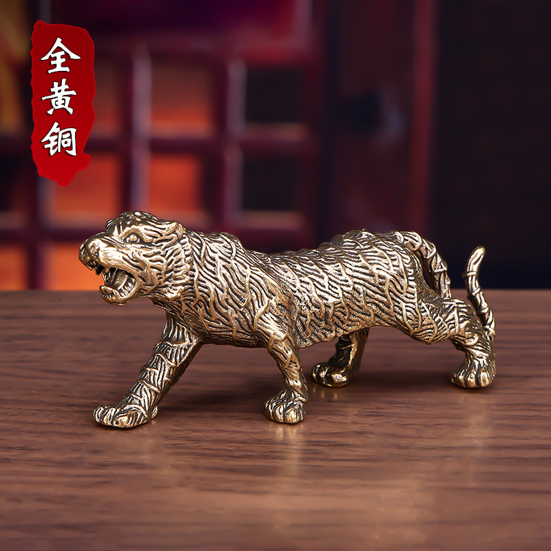 Latão puro sólido tigre lidar com peça ornamentos antigos zodíaco Bronze escultura artesanato sala de estar escritório d
