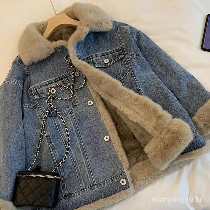 Jaqueta Jeans Parque Para Mulheres Inverno Novo Estilo Retrô Lã De Cordeiro Casual Solta Mais Veludo Engrossado .