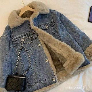 Jaqueta Jeans Parque Para Mulheres Inverno Novo Estilo Retrô Lã De Cordeiro Casual Solta Mais Veludo Engrossado .