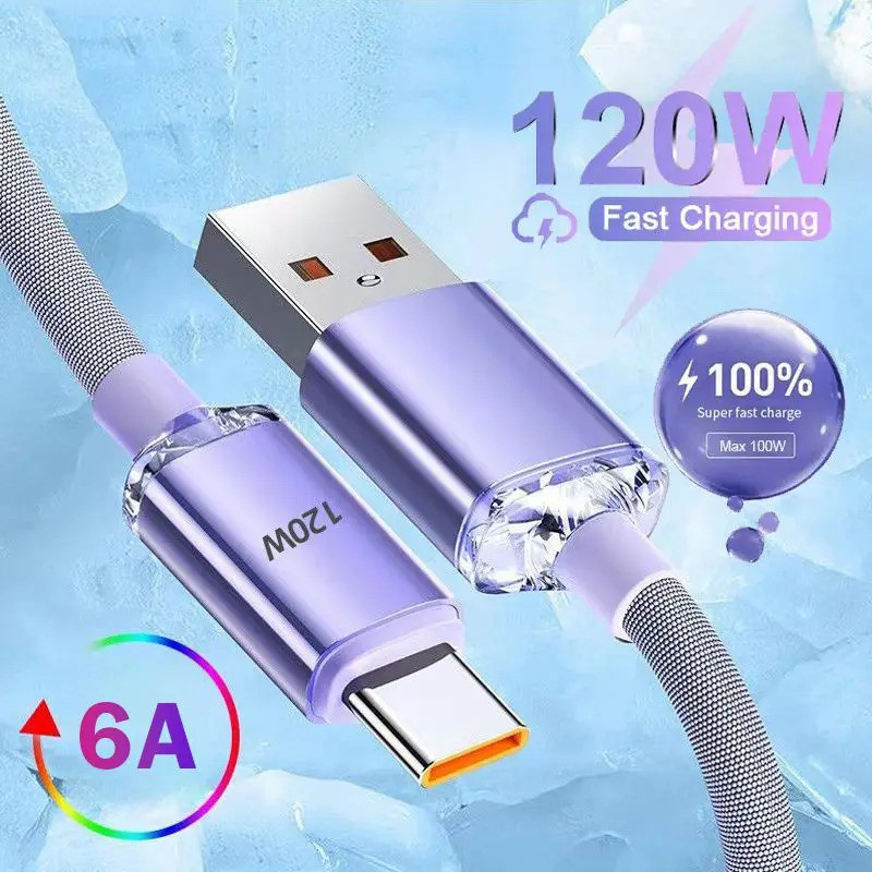 Cabo Trançado De Dados Tipo C De Carregamento Rápido 120W 6A Para Samsung Carregador Super USB-A