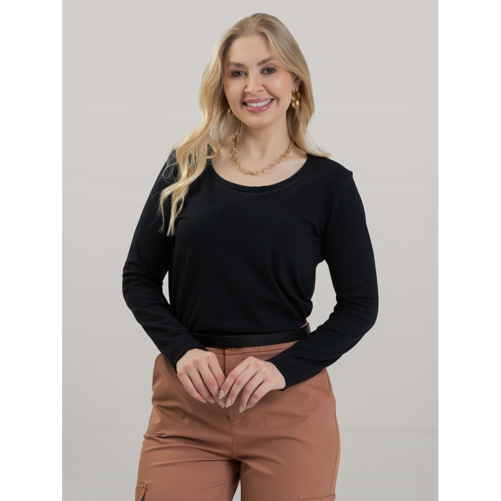 Blusa Feminina em Cotton Premium Decote U com Manga Longa Lisa Lia Preto Blusa Frio Inverno Estilosa