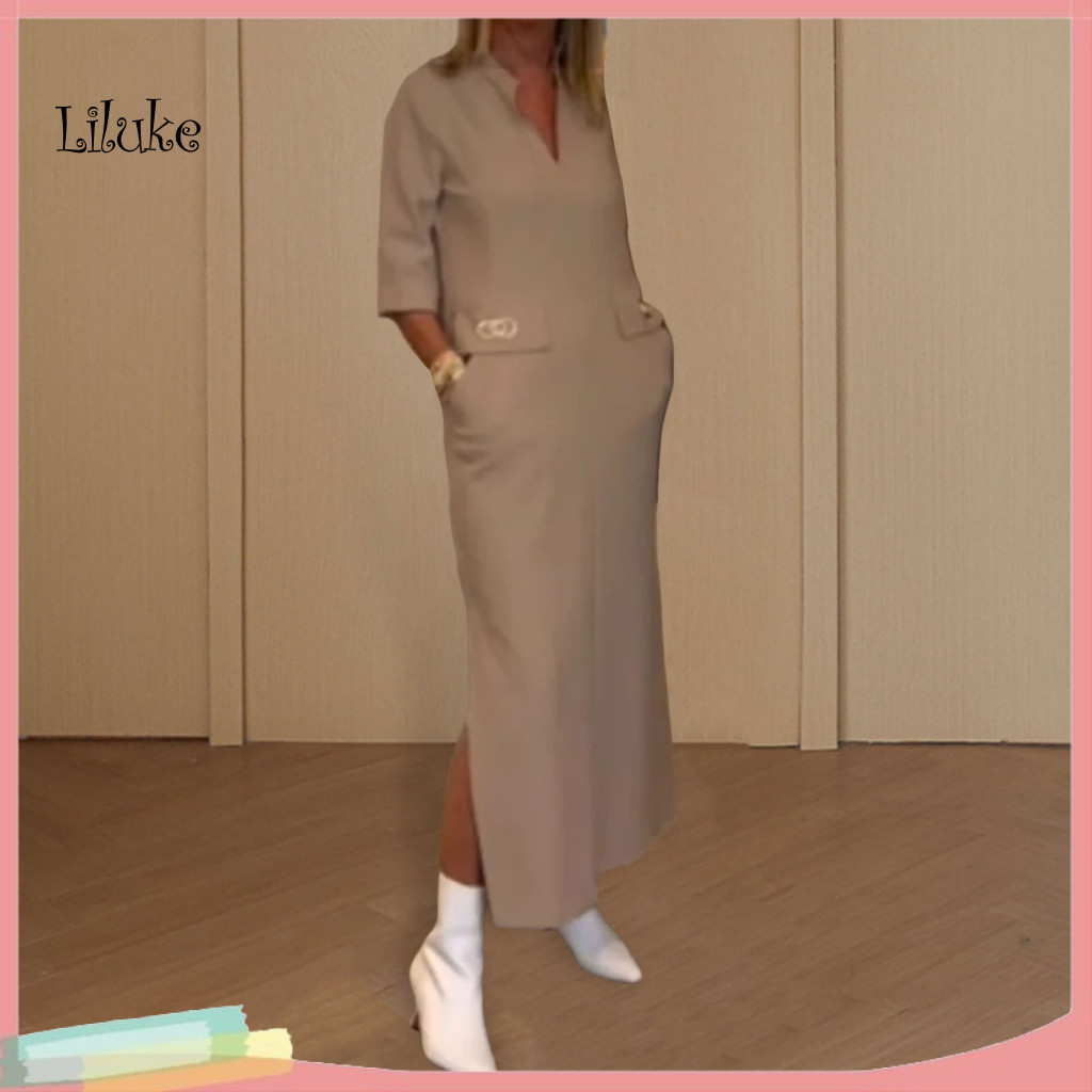 Solid Color Women Dress Long Elegant Women’s Slim Fit H-shape – Comfortable Polyester Loose for Office Wear Beach Pa