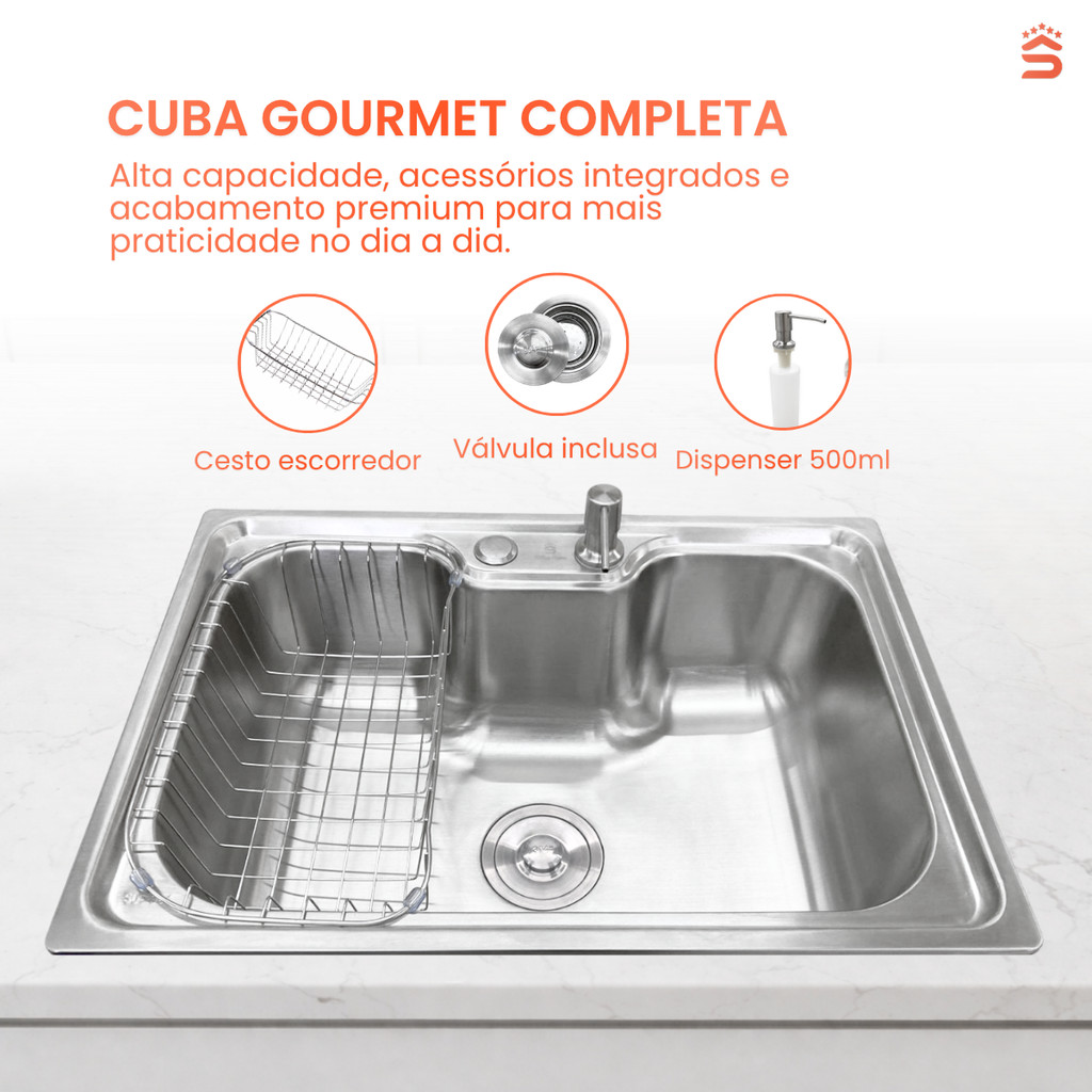 Cuba Pia de Cozinha 60x42cm Em Aço Inox 304 Modelo Gourmet Com Cesto Escorredor · foto 2