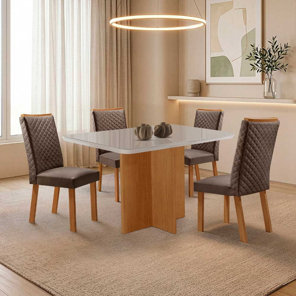 Mesa de Jantar Olimpia 120cm Tampo MDF e Vidro Canto Copo com 4 Cadeiras Lira