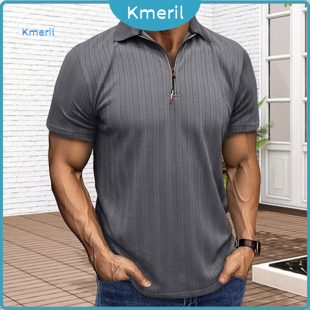 Men Summer Shirt Polyester Top Men's Thin Short Sleeve Zipper Lapel Lightweight Jacquard Pullover Loose Fit Casual for T