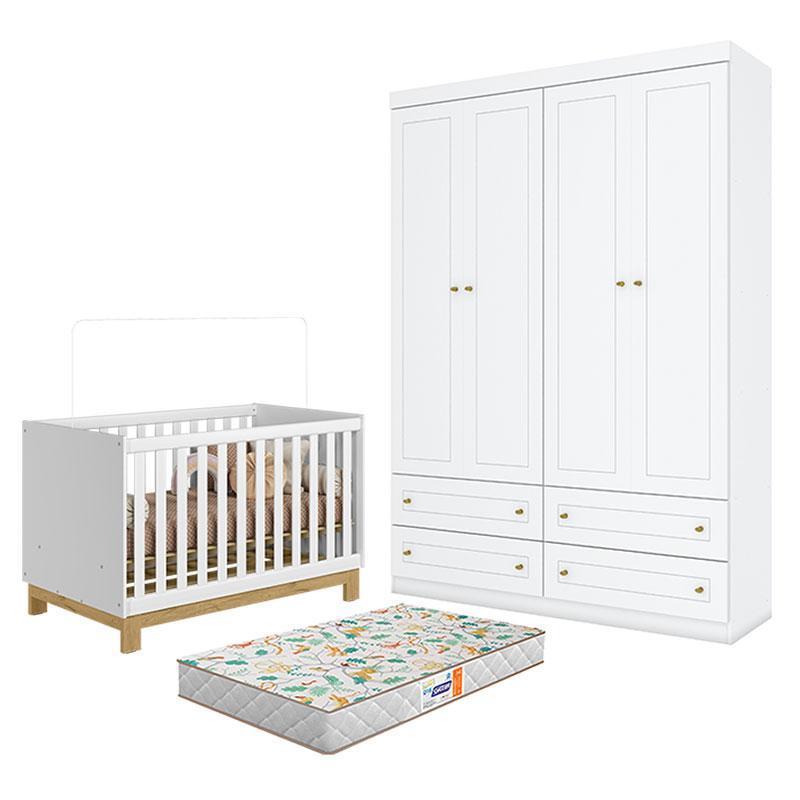 Berço Mini Cama Q Encanto Slim Branco Acetinado - Qmovi e Cômoda Infantil Branco HP e Colchão Gazin - Henn