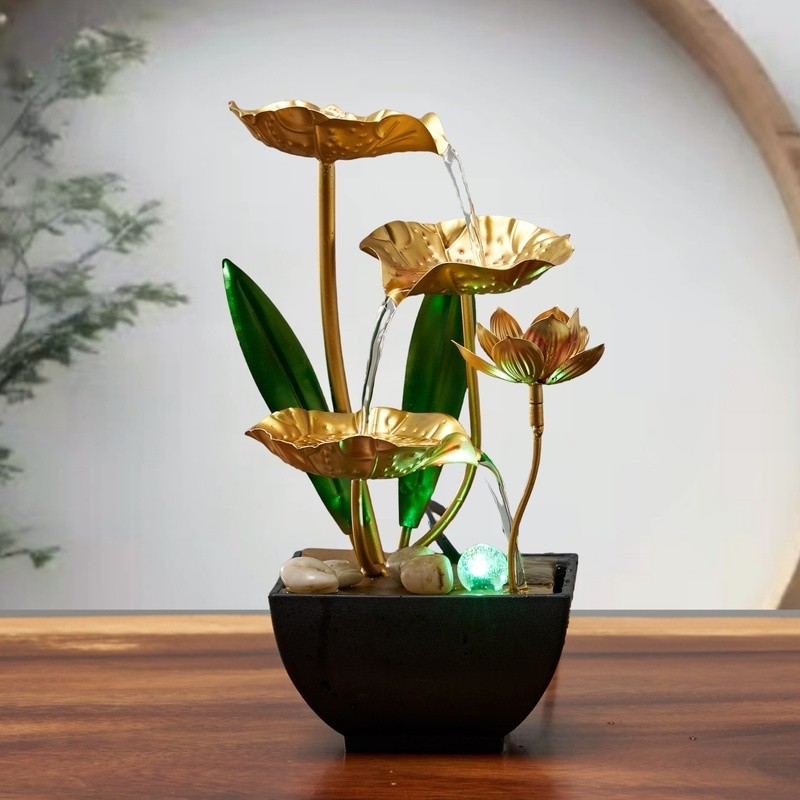 Pêndulo de água corrente pequena folha de lótus sorte fortuna Feng Shui umidificador escritório Desktop descompressão re