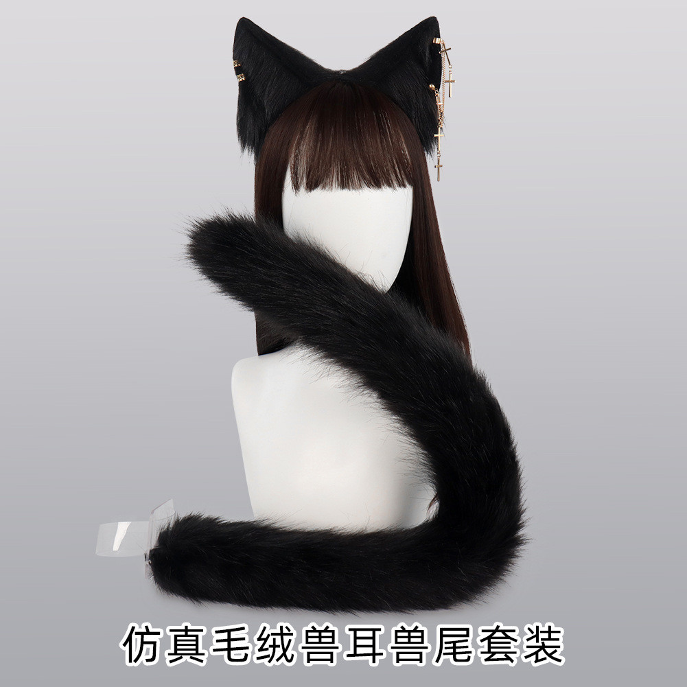Tiara de pelúcia de gato, conjunto de orelhas e cauda de gato, tiara fofa, acessório de cabelo estilo lolita, fantasia d