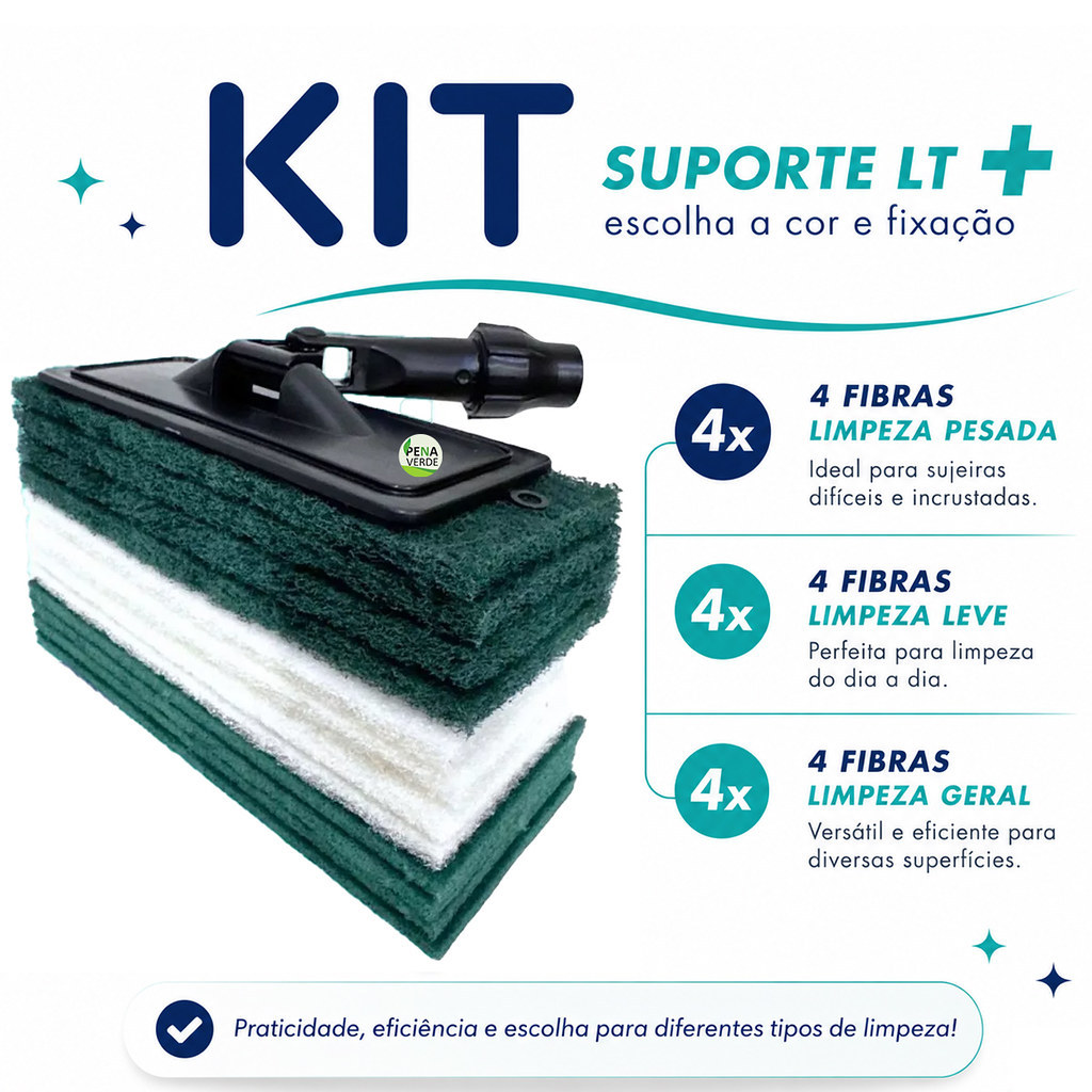 Kit Limpeza Completa 3 em 1 Suporte LT + Fibras Bucha Esponja Abrasiva Verde Limpeza Leve e Pesada