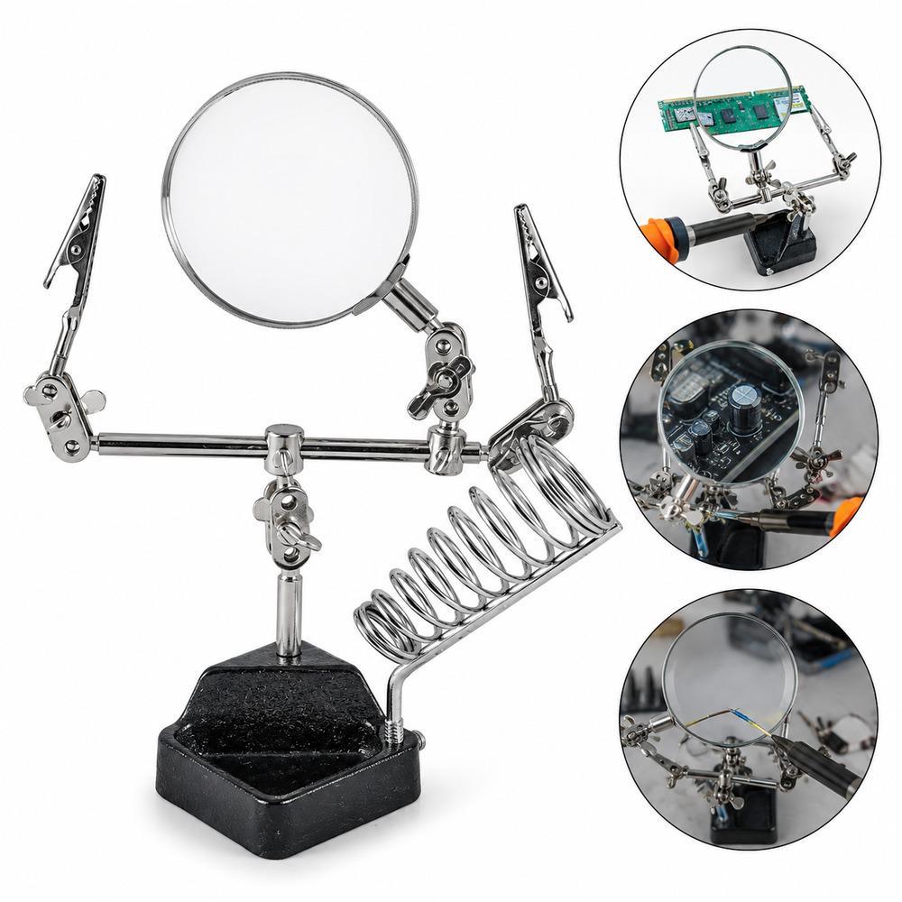 LUPA BANCADA ELETRONICA TERCEIRA MAO GARRAS JACARE SUPORTE FERRO SOLDA ARTICULAVEL HOBBY SERRALHERIA