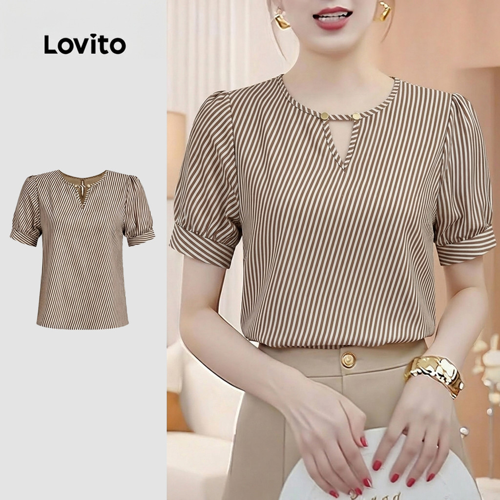 (RCL) Lovito Elegante Blusa com Recortes e Botões Primavera/verão para Mulheres