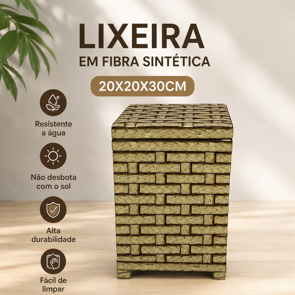 Lixeira Fibra Sintética Com Tampa Organizador Banheiro Lavabo Decorativa Premium 20X20X30