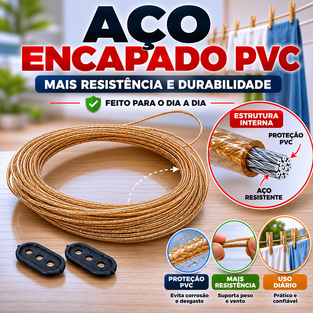 Corda Para Varal de Roupa 10 metros Fio de Aço Encapado de Pvc Reforçado Resistente Toalhas Lavanderia