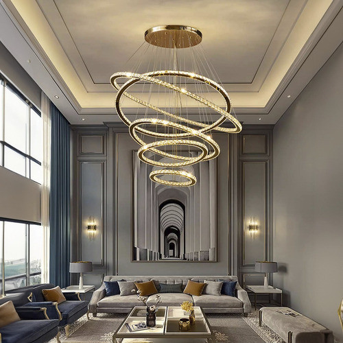 Pendente Lustre Luxo Cristal Moderno 5 Anéis Luminária de Led Teto 3000k BQ Bivolt Dourado Rose Gold
