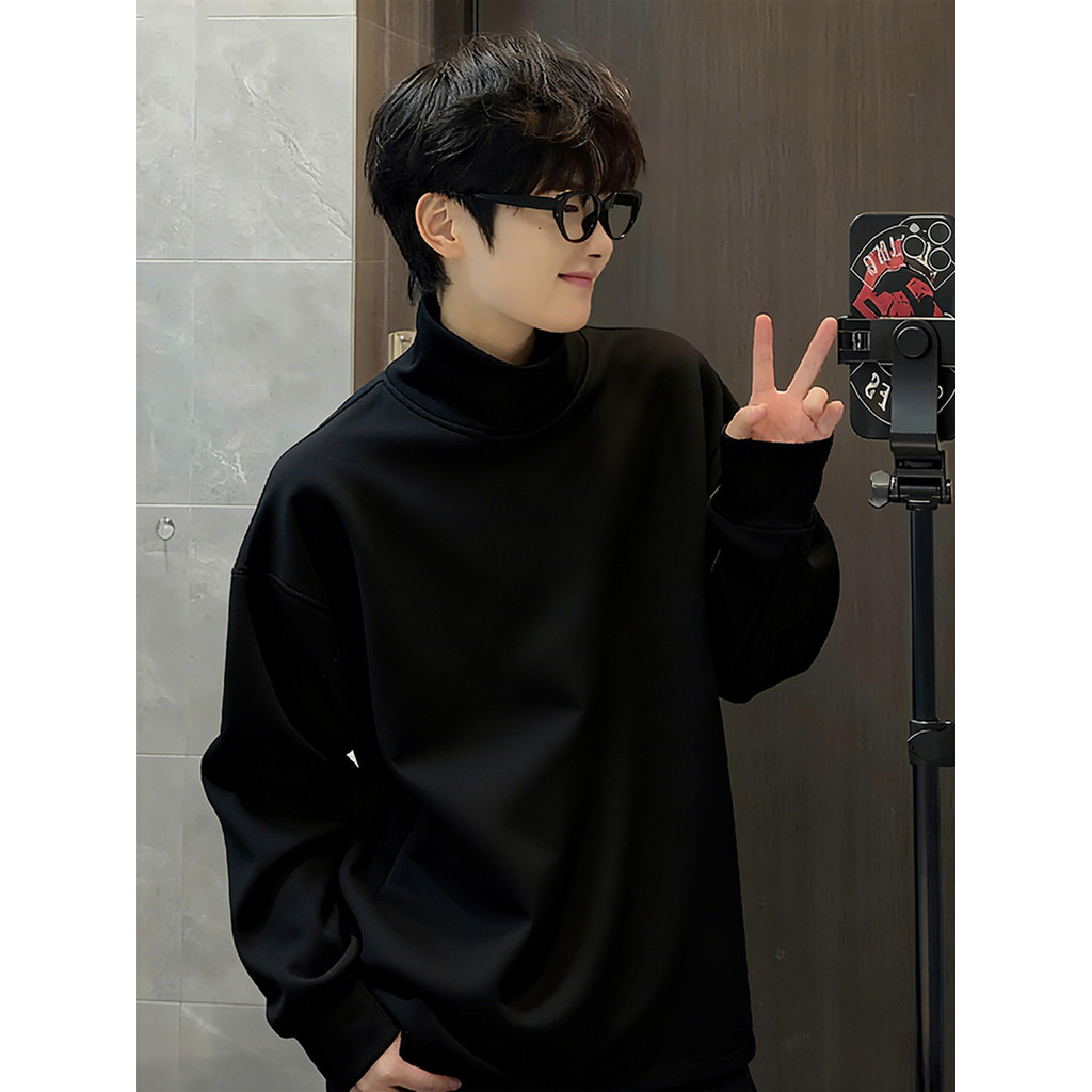 Preto dupla face alemão veludo manga comprida camiseta roupa interior masculina camisa de fundo outono inverno forro de