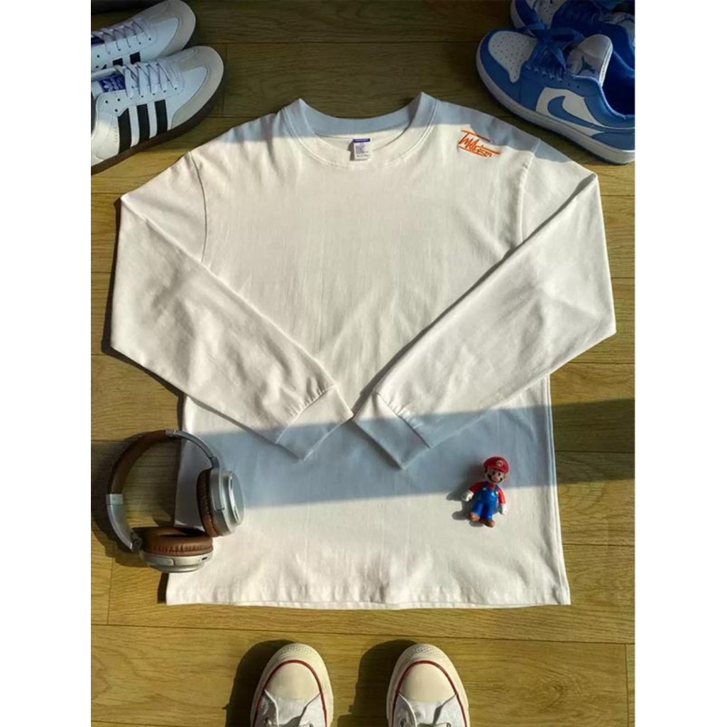 Americano cleanfit bordado pequeno decote moletom masculino primavera interior de manga comprida camiseta decote rosquea