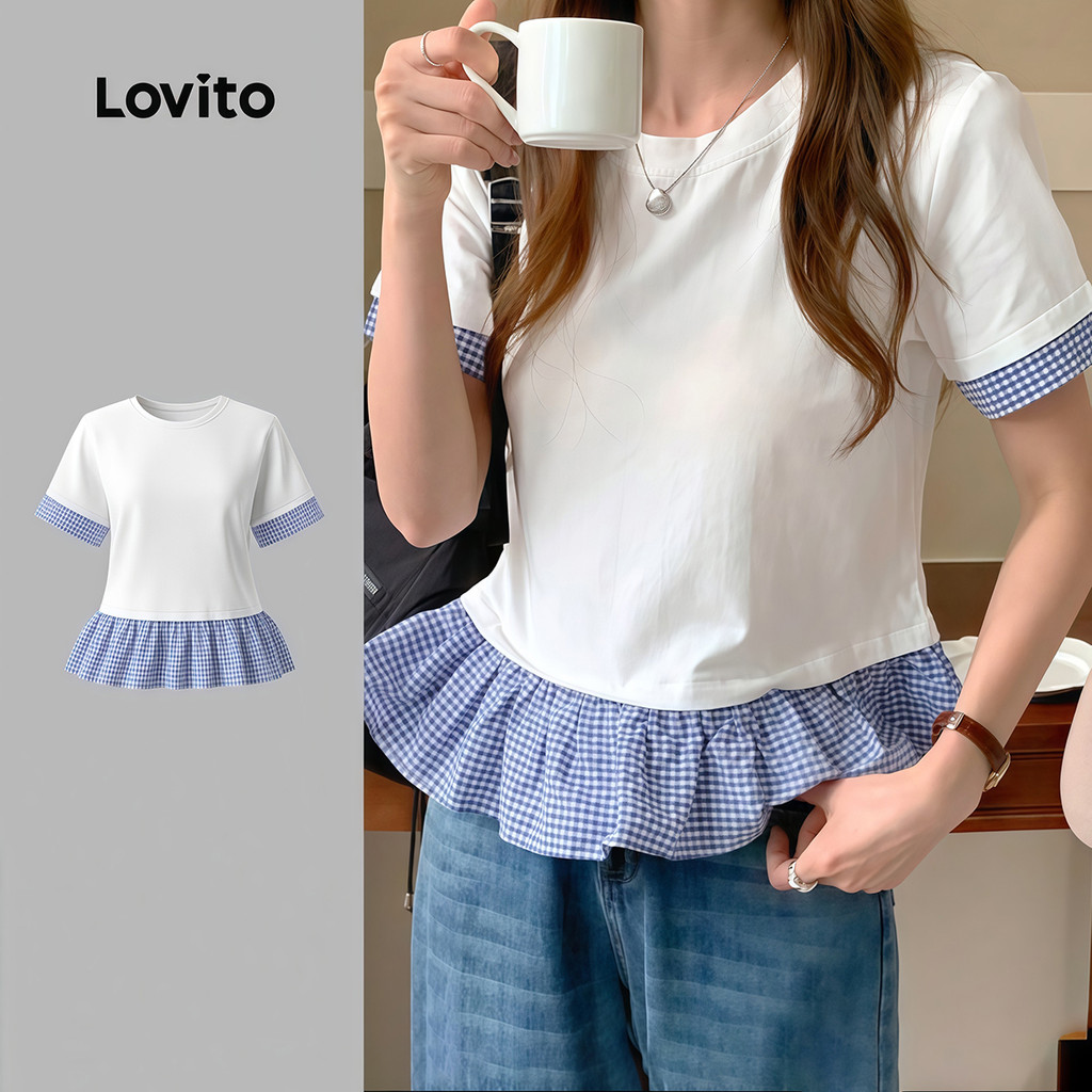 Lovito Camiseta Branca Com Babado Casual Off-white Confortável e Estilosa para Mulheres Primavera/verão LK4ED1733