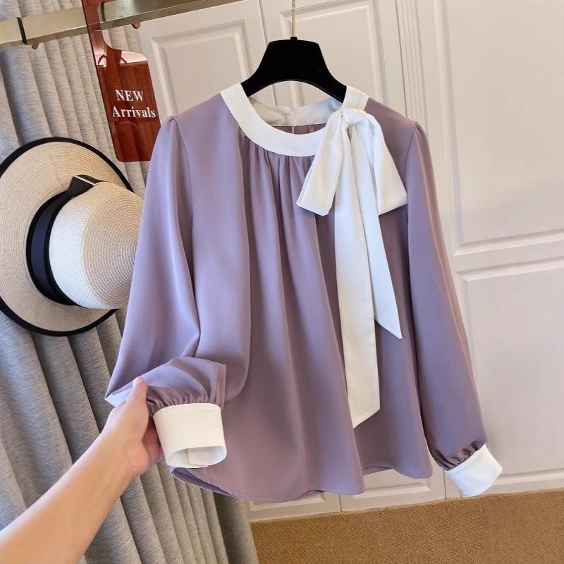 2025 Nova Camisa Feminina Plus Size Roxa De Manga Comprida Com Design De Laço – Top Elegante E Chique