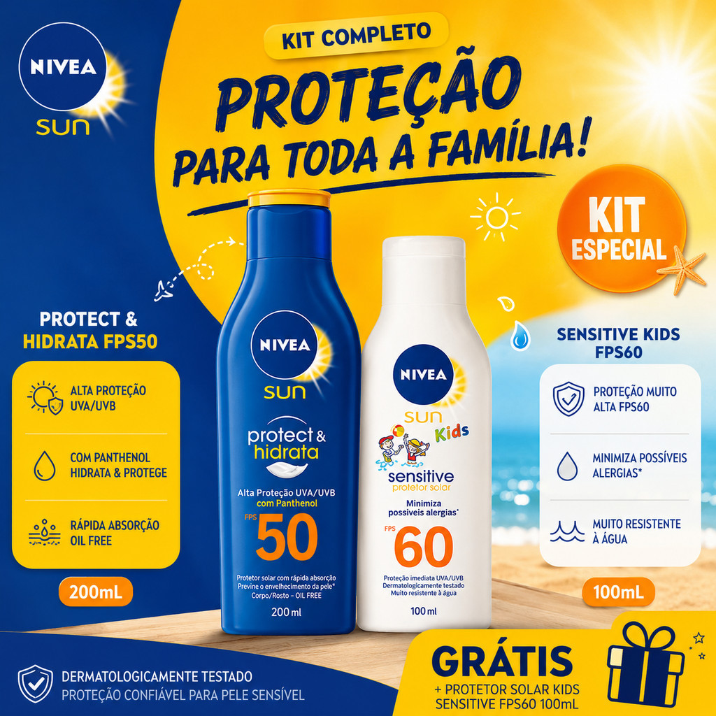 Kit Protetor Solar Corporal Nivea Sun Toque Seco Protect & Hidrata FPS50 200mL + Sensitive Kids FPS60 100mL
