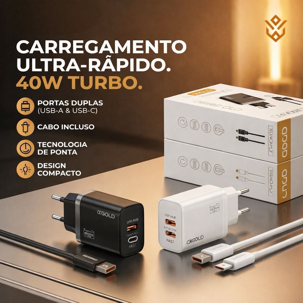 Carregador Turbo A'Gold CA42-3 40W 9.1A USB + USB-C com Cabo USB-A para USB-C Carregamento Rápido
