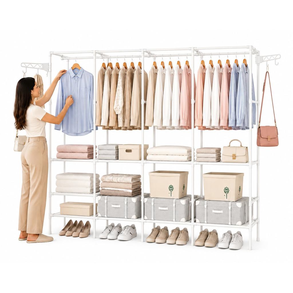 Arara Cabideiro com Sapateira e 10 Prateleiras 4 Colunas –  Organizador para Closet e Quarto de Casal Grande Branco